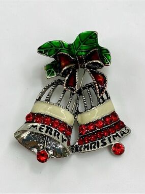 Betsey Johnson Merry Christmas Bells Red Crystal Enamel Brooch Pin